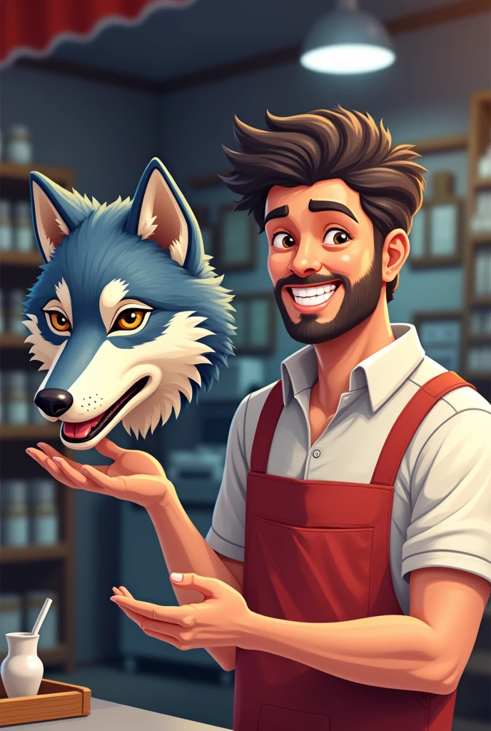 Shopkeeper selling wolf plastic mask basic digital illustration