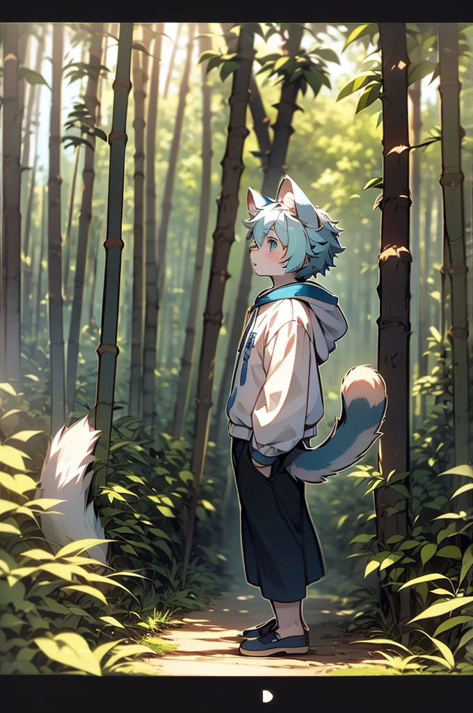 Anime style image of a cat wearing a blue and white sweatshirt standing in the forest,White and blue hair，Bamboo forest background，Leaning on bamboo，Young style，about，male，Single role focus，Heavy lines，Comic Style，Side view，Side view lens，Big furry tail