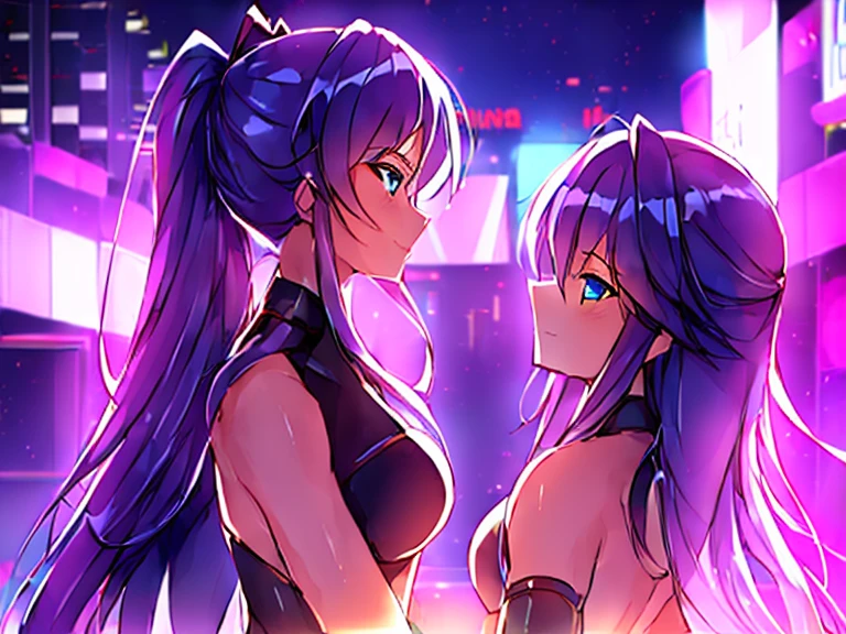((2girl,yuri),female ninja,princess),(playboy bunny),Very detailed,High resolution,4K,8k,masterpiece,High resolution,(Late Night,long shot,Cyberpunk cityscape,Vibrant neon glow),gazed at each other