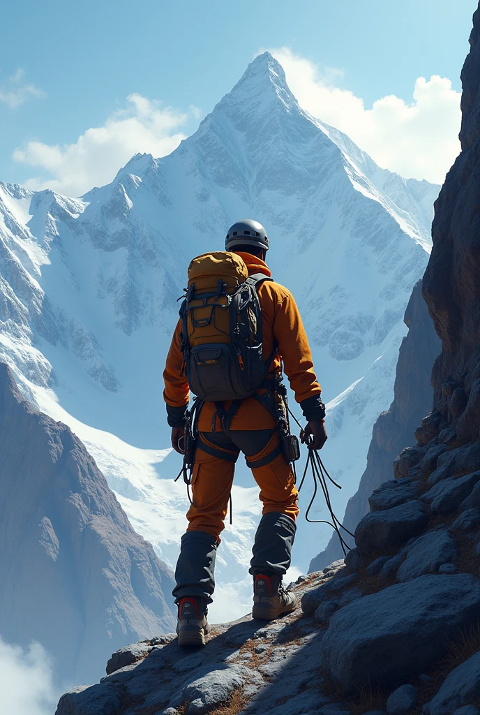 Indian 30 years young man is climbing on a mountain with a helmet and a rope, climbing kailash mountain, his view should be displayed from back side