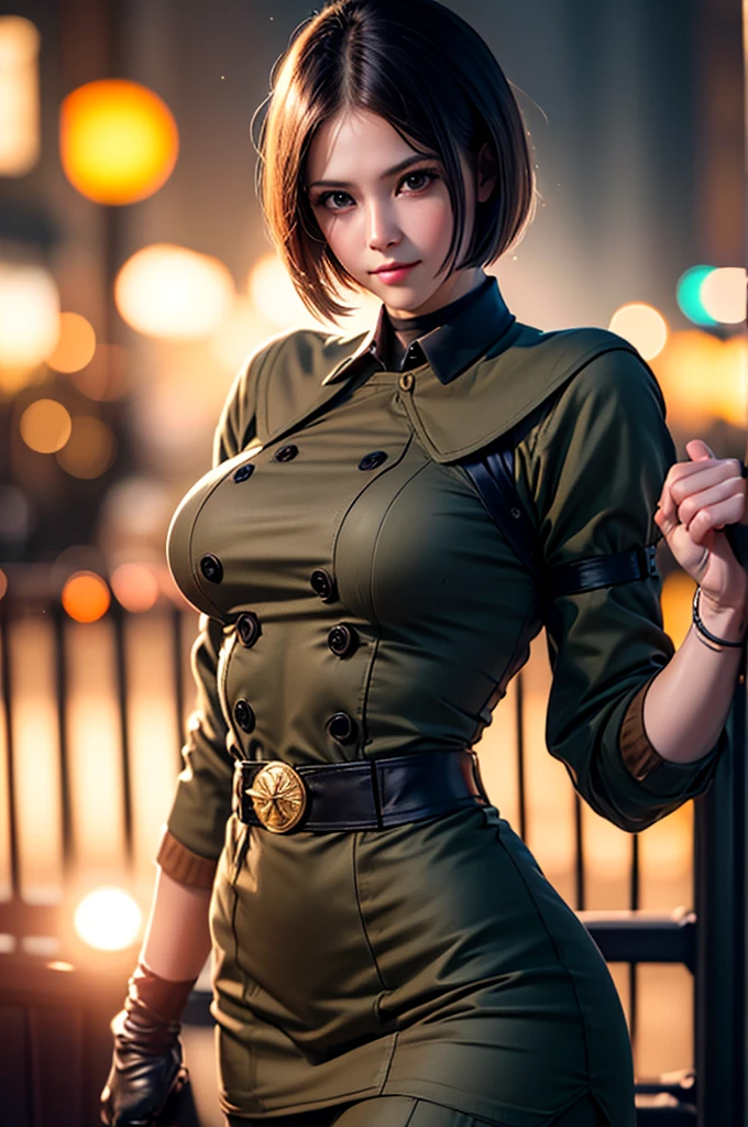 (at night), in a video game scene in the background, a beautiful city at night, raining, alone, standing looking straight ahead, military clothing with military green skirt and pants, black gloves, semi-short hair, ((semi-short hair)), 1 girl, 30 years old, young woman, perfect hands, Beautiful fingers, Beautiful long legs, Beautiful body, Beautiful nose, Beautiful character design, perfect face, looking straight at the viewer with a serious gesture, very upset looking at the viewer, she has a black whip in her hand (focusing on her face), closed mouth, smile_light, official art, extremely detailed CG unity 8k wallpaper, perfect lighting, bright and colorful front lighting, skin glossy (masterpiece: 1.0), (best_quality: 1.0), ultra high resolution, 4k, ultra detailed photography, 8K, hdr, high resolution, nonsense:1.2, Kodak portrait 400, film grain, blurred background, bokeh:1.2 , Lens flare, (vibrant_color:1.2), professional photography, (Beautiful, breasts: 1.4), (Beautiful_face: 1.5), (narrow waist),