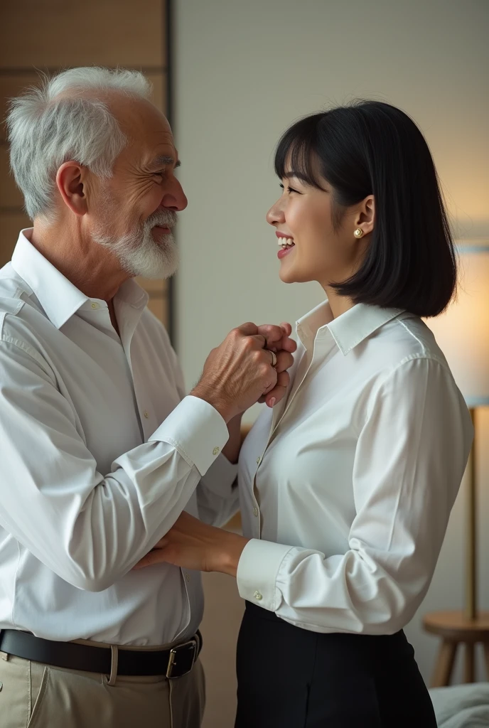 A dandy old man touches a sexy 2 Japanese girl in a secretary outfit, White shirt、The woman is looking at this and smiling、The old man is very excited