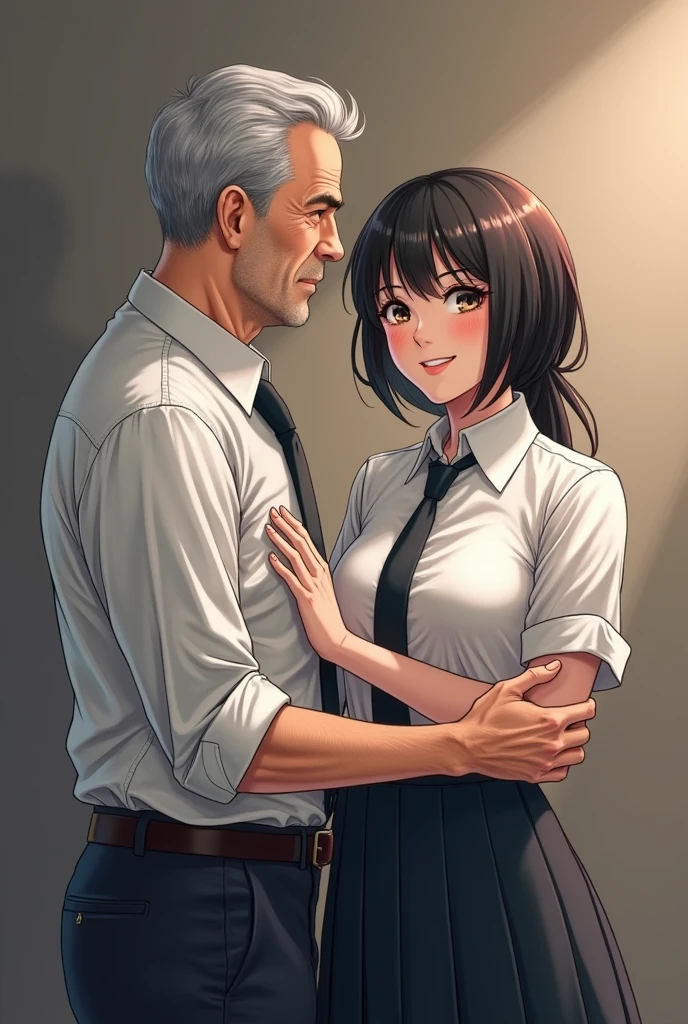 A dandy old man touches a sexy 2 Japanese girl in a secretary outfit, White shirt、The woman is looking at this and smiling、The old man is very excited