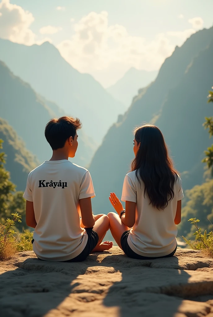 Create a 3D image of 2 nepali Beard boy and 20 years old nepali devotional girl , Who is sitting next to Krishna ji and Kristen ji playing the flute, they both sit together on the mountain boy wearing T-shirt name Pradip written on it and girl wearing T-shirt name Tunisha written on it, haven like beautiful view background, peacock dancing, realistic image and boy and girl is in barefoot