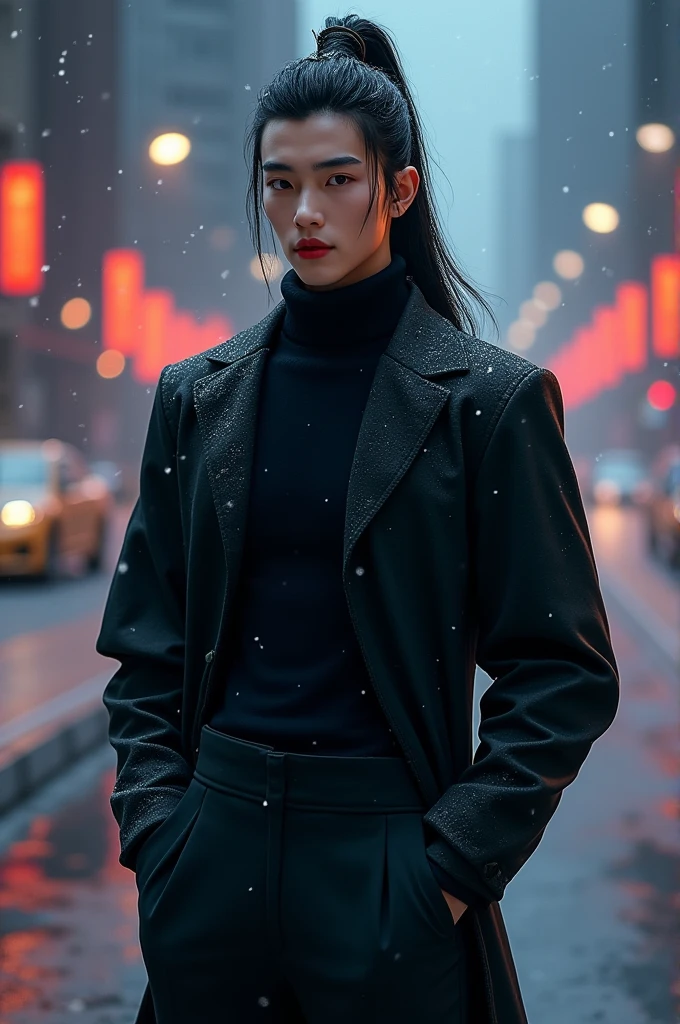 （male character design），（Pan An, a handsome and smiling Chinese man, is drinking milk tea：1.37），（Pan An wears modern and fashionable men&#39;s black sweater suit pants：1.37），Pan An’s skin is fair and flawless，The bridge of his nose is high and straight，(long,Messy shawl hair：1.1），（double eyelids, Bright Eyes, Big clear and bright eyes），sad prince，Food with red lips and white teeth，gentle melancholy，Pan An is tall and tall.，He has a strong physique，Toned muscles，Fresh and toned abs, His exquisite facial features，Kingly style， messy black hair,Wind magic, background：Night view of the city highway，snow