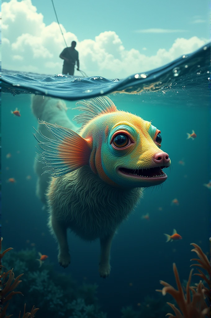 A dog with a colorful fish head caught by a man in the sea.