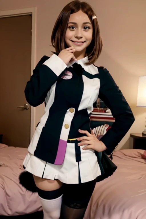 ochaco_uraraka, full body ochaco_uraraka looking forward in standing pose and wearing micro black lingerine and stockings, ochaco_uraraka in standing pose, ochaco_uraraka looking forward, ochaco_uraraka in lingerine, ochaco_uraraka in stockings, (looking forward), (lingerine), (stockings), (full body), (full body), (ochaco_uraraka not backwards)