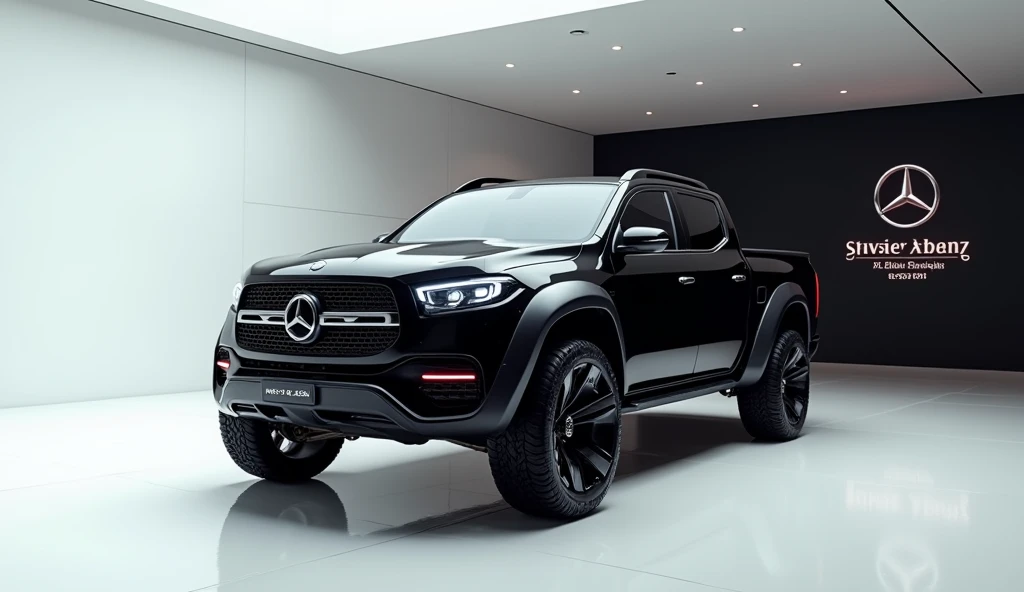 A stunning, futuristic pickup truck(Benz x class pickup truck 2025 ) takes center stage in a luxury white showroom. The vibrant (black) exterior gleams, drawing attention to its sleek, aerodynamic design and bold accents. The pick up truck( Mercedes Benz S-Class pickup truck 2025) " is prominently displayed in large, metallic letters on the pick up truck, set against a dark wall. The ( front) view showcases the cutting-edge innovation and technology of its time, inviting potential buyers to experience the future of automotive design and performance. This awe-inspiring image promises an unparalleled driving experience.