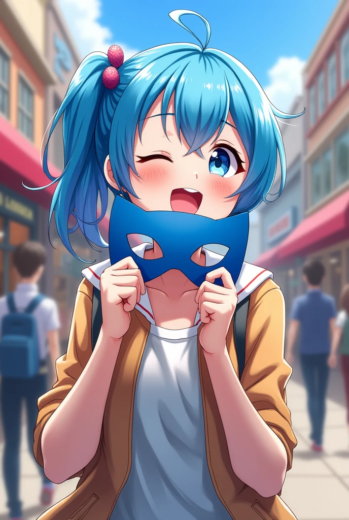 1 blue haired anime girl with ponytail shopping and trying on blue hero mask and laughing 