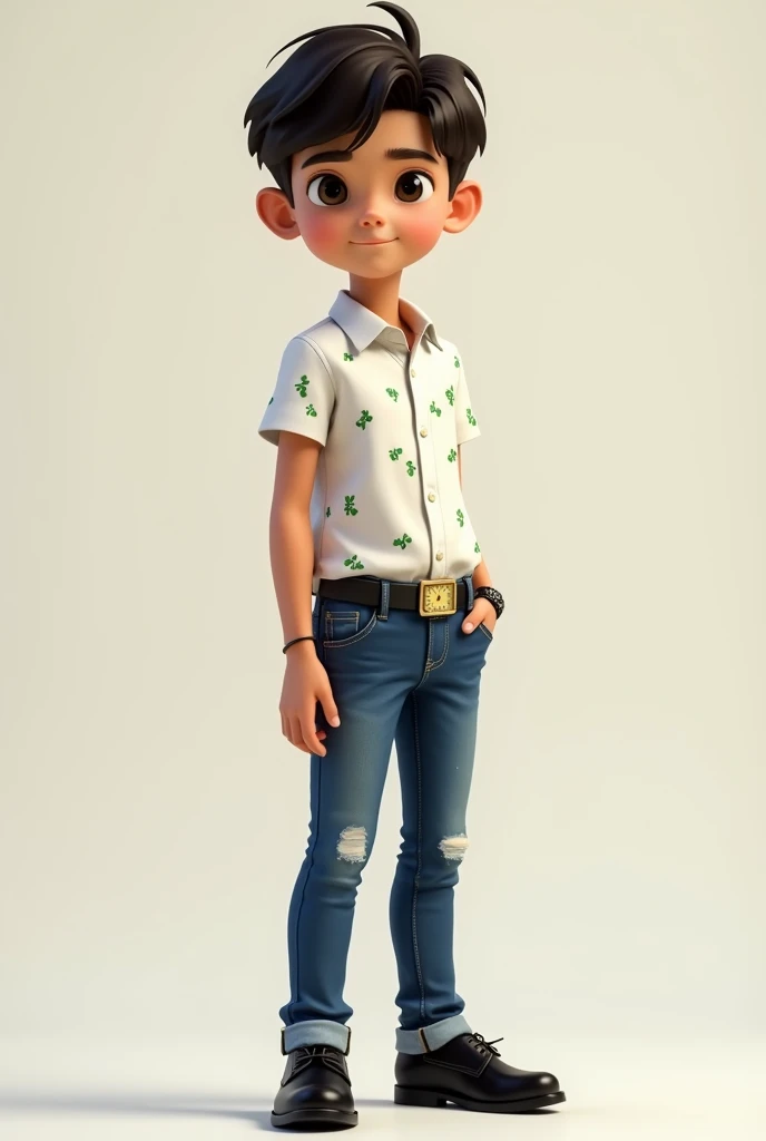 A boy who was cute and smart, tall with white shirt with green very small flowers and blue jeans with white spots and black eyeballs and black shoes with Rolls-Royce car with Rolex watch wearing in his hand