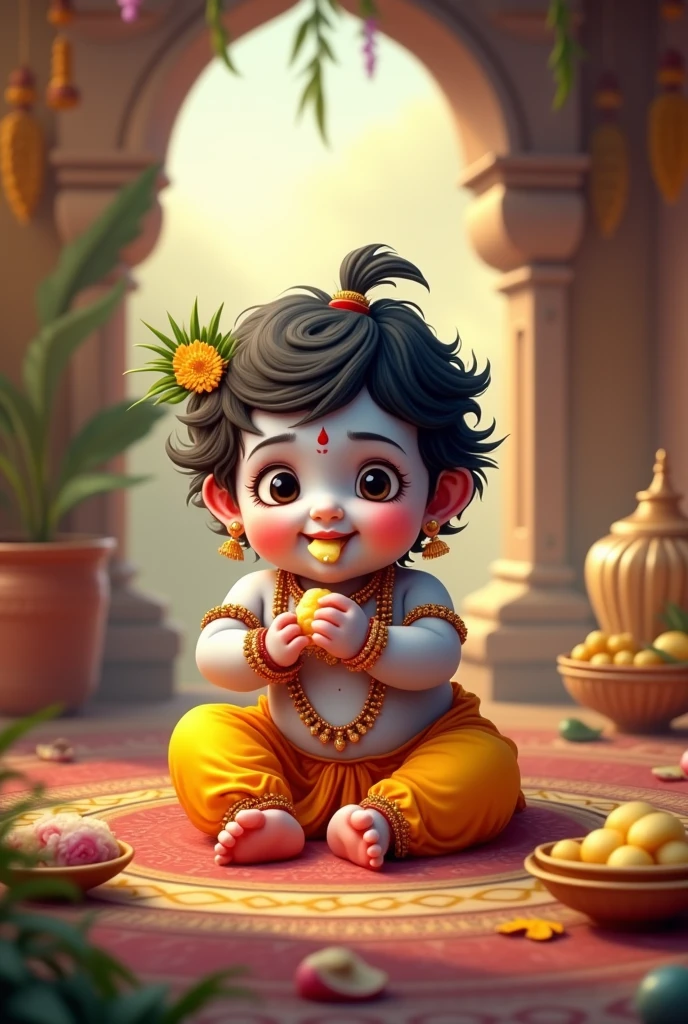 Create a cute  Lord Krishna eating Makhan(Butter) in the setting of his Gokul home and the image reads "Happy Janmashtami 2024"