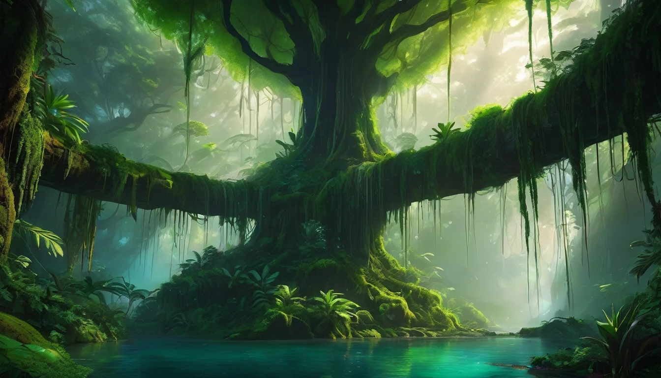 masterpiece, best quality, 8k, high res, ultra-detailed, alien rainforest, lush greenery, neon plants, no humans, beautiful view, horizon, ultra-detailed, fine detailed, highly, waterfall, nocturnal, detailed, intricate, highly detailed, ultra-detailed, scenery, clear atmosphere, moonlight creeping into the jungle, nebula sky, solitary, intricate details, delicate features, soft moss, deep forest, intricate leaves and vines, wisps of light, verdant green, crepuscular rays, inversion, rainbow color, HD