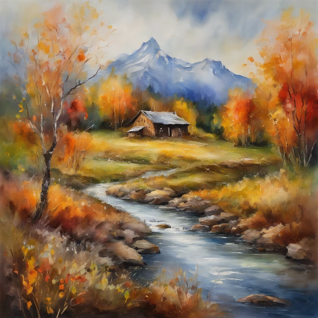 Watercolor painting of a landscape of the beautiful whereabouts of a mountain and in the background a humble and rustic cabin, masterpiece, Best Quality, high quality, extremely detailed CG unit 8k wallpaper, without people, nature, autumn, HdR, bloom, chromatic aberration, photorealistic, extremely detailed,