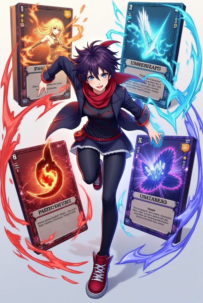 Create an image with four cards from an anime card game. Each letter should have a modern layout avoiding common patterns.. At the center, insert a detailed illustration of an anime character in a dynamic pose.
Include:
Character Name at the top, with stylized font.
stats:
Attack in the upper left corner.
Defense in the lower left corner.
Life in the lower right corner.
Special Ability in the top right corner, with name and description.
Use a stylized cartoon design for the layout, with vibrant colors that complement the character. Letters must be clear and visually distinct.