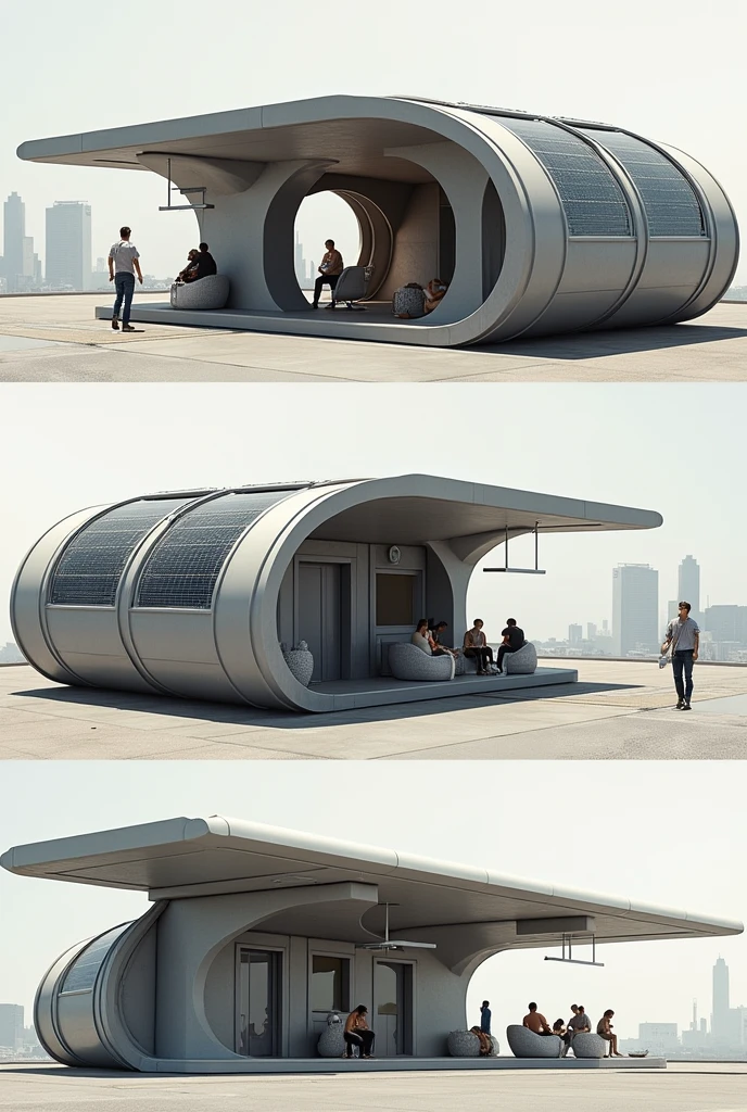 Industrial product with solar panels, that has a simple design, modular and allow people to sit.