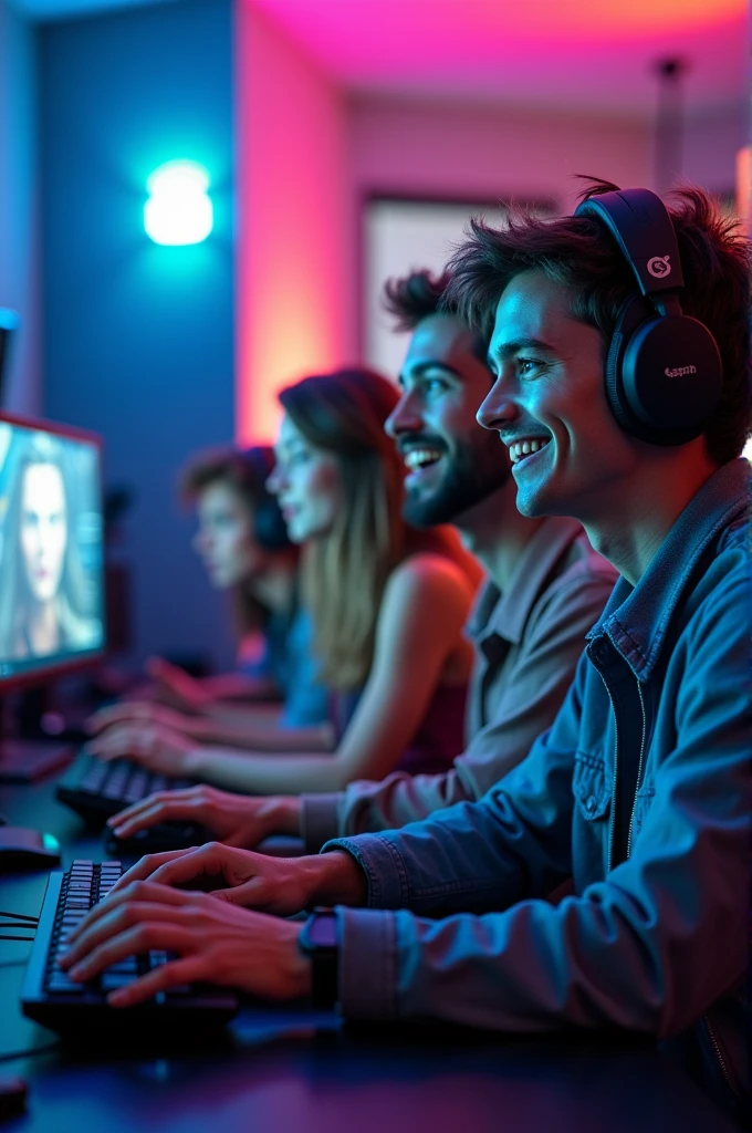 A high-quality image of a group of friends or teammates sitting in front of gaming PCs or consoles, with a clear and sharp view of their faces and screens. The image should have a lively and dynamic atmosphere, with bright colors and a shallow depth of field, blurring the background. (Image size: 3840 x 2160 pixels, Color mode: RGB, File format: JPEG, Resolution: 300 dpi, Aspect ratio: 16:9)"