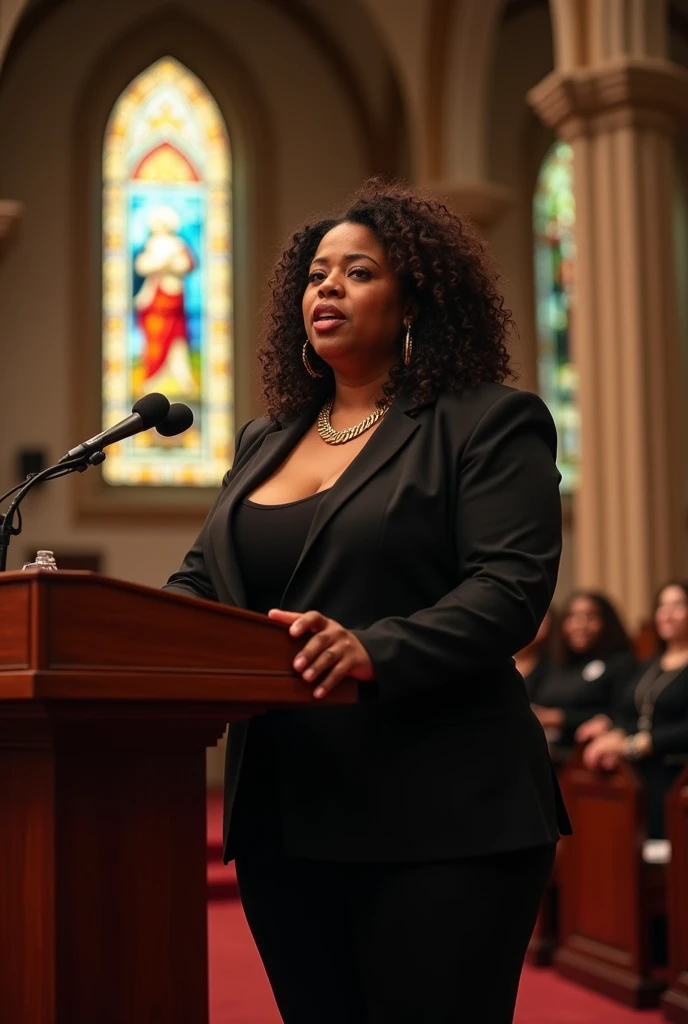A body that looks like its clothes will burst with muscles,amazing beautiful super muscular body builder female model,A confident and poised Black female politician with a commanding presence and a fuller body type, full body tall and plus size curvey body 5'9 265 lbs This mage should exude power,delivering a powerful speech inside a traditional gospel church. She stands at a wooden podium, dressed in an elegant black suit with a gold chain necklace. The church is warmly lit with stained glass windows depicting religious scenes. A choir, also in traditional gospel attire, is positioned behind her, singing passionately. The church is filled with an attentive congregation, and the atmosphere is vibrant and inspiring, combining historical architecture with a spiritual ambiance.