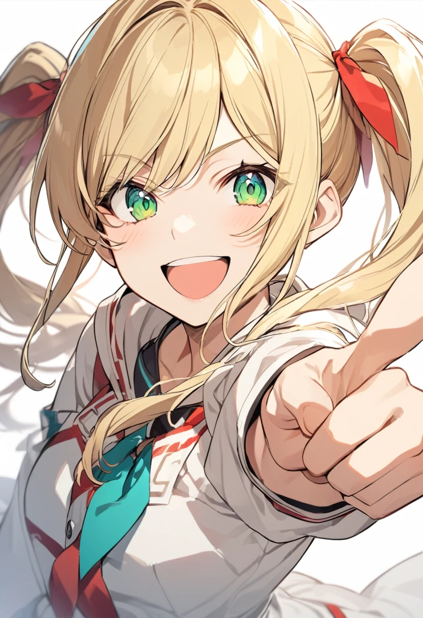 Blonde hair, pigtails, red ribbon, green eyes, smiling, finger pointing