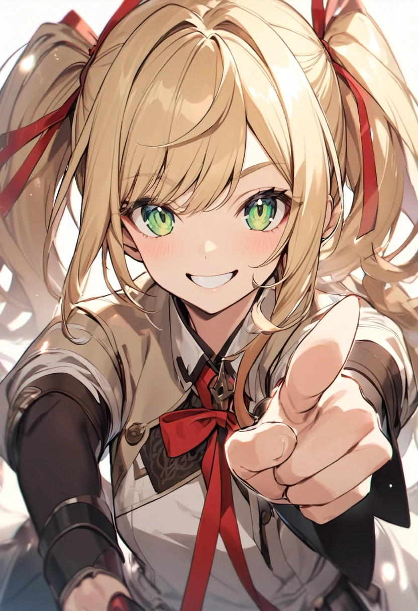 Blonde hair, pigtails, red ribbon, green eyes, smiling, finger pointing