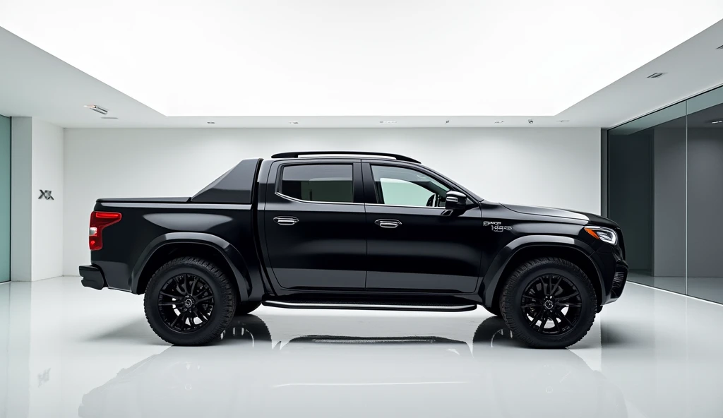 A stunning, futuristic pickup truck(Benz x class pickup truck 2025 ) takes center stage in a luxury white showroom. The vibrant (black) exterior gleams, drawing attention to its sleek, aerodynamic design and bold accents. The pick up truck( Mercedes Benz S-Class pickup truck 2025) " is prominently displayed in large, metallic letters on the pick up truck, set against a dark wall. The (  side) view showcases the cutting-edge innovation and technology of its time, inviting potential buyers to experience the future of automotive design and performance. This awe-inspiring image promises an unparalleled driving experience.