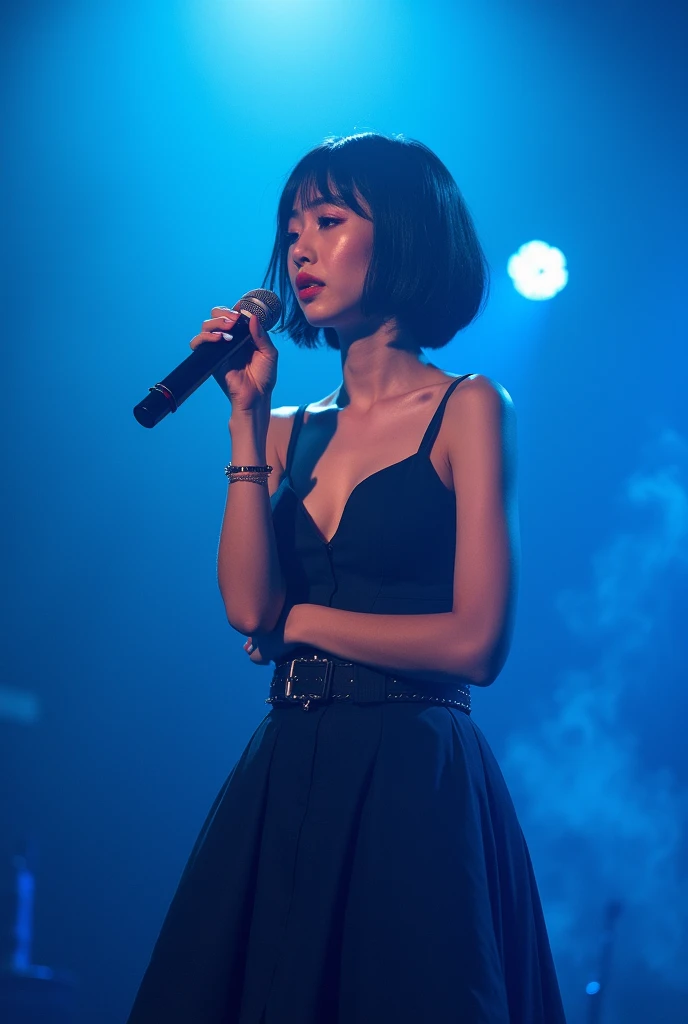 A cleavage big enough to hold a penis、Japanese women、Yui Aragaki、Female vocalist with short bob hair、Wearing a T-shirt、Skirt flip、Solo artist、live house、Lots of stage smoke、Blue lighting、Thick eyelashes、Extensions、Smoking、Holding a microphone on stage