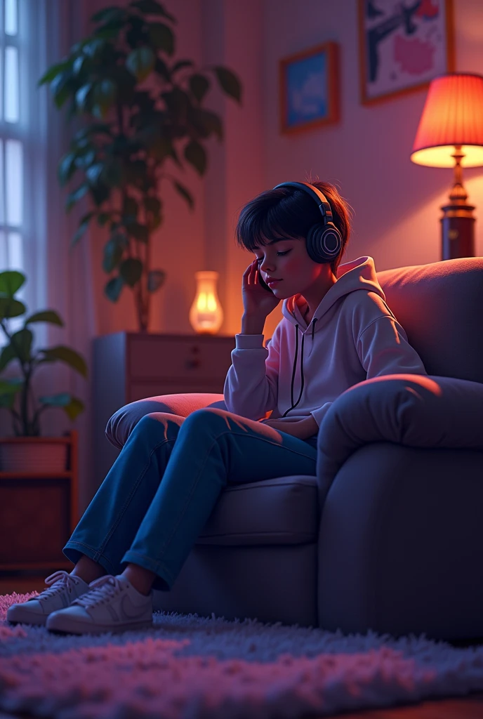 night、Listen to music in a cozy room, Using headphones, 2D-style animation, Lo-Fi, Very detailed, High resolution