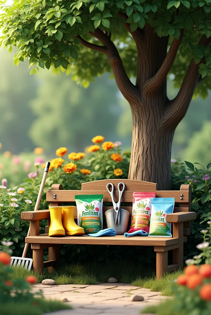 There are 3 packets of fertilizer and a pair of yellow garden rubber shoes and silver flower tree cutting scissors and a pair of blue rubber gloves on a wooden bench under a big tree, there is a broom and also a grass scraper leaning on the edge of the bench, 3D Style with the background of a flower garden