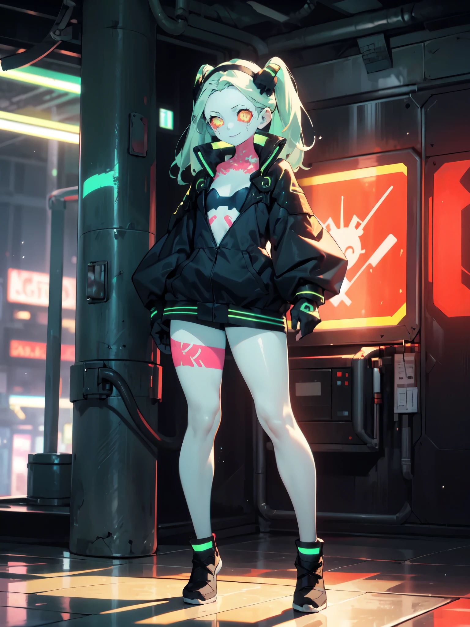 full body,1girl,solo,Fingerless gloves,standing,smile,rebecca, yellow eye, mechanical eye, red sclera,  leg tattoo, colored skin, tattoo, petite, black hairband, green hair, neck tattoo, small breasts, headgear, long hair, stomach tattoo,dress outfit