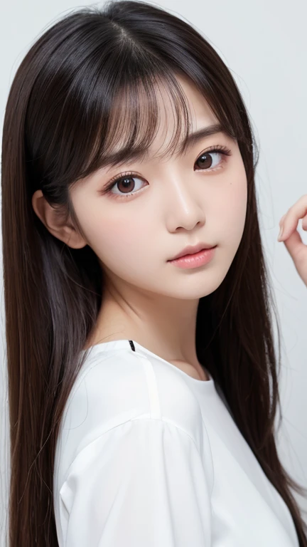 4k, Japanese woman, round face, double eyelids and large slanted eyes, shoulder length hair, white blouse, plain white background, no makeup