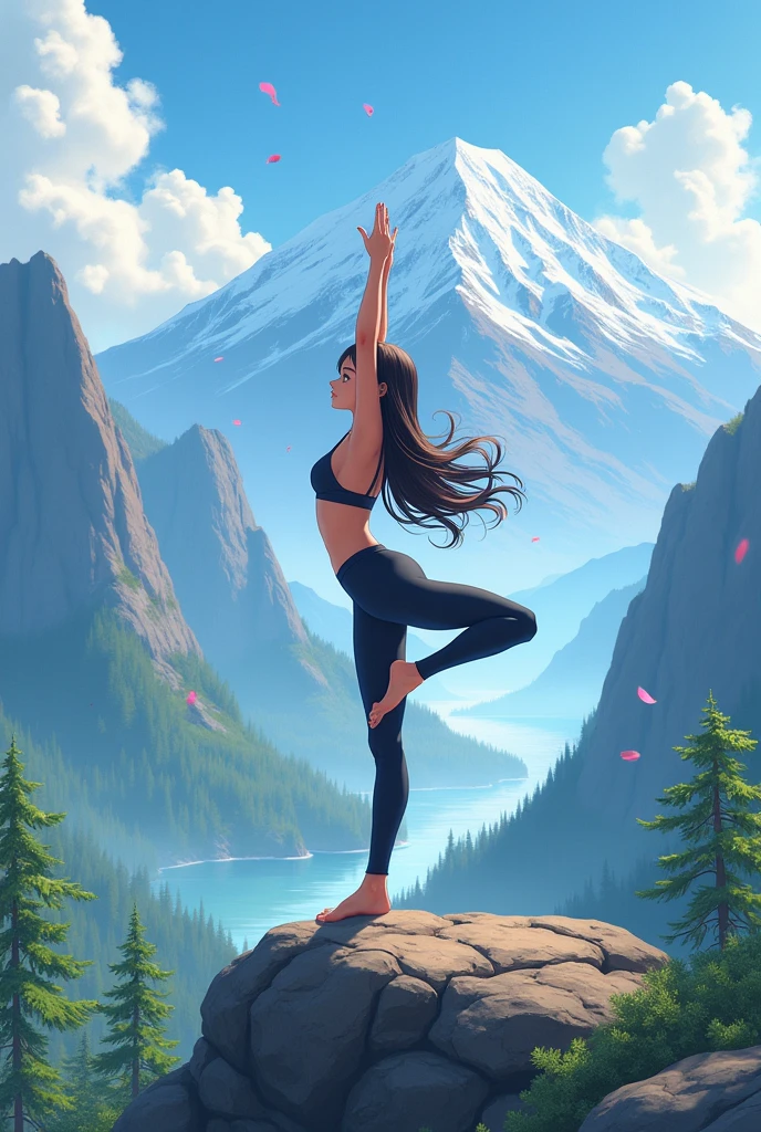 Anime girl doing yoga on a mountain