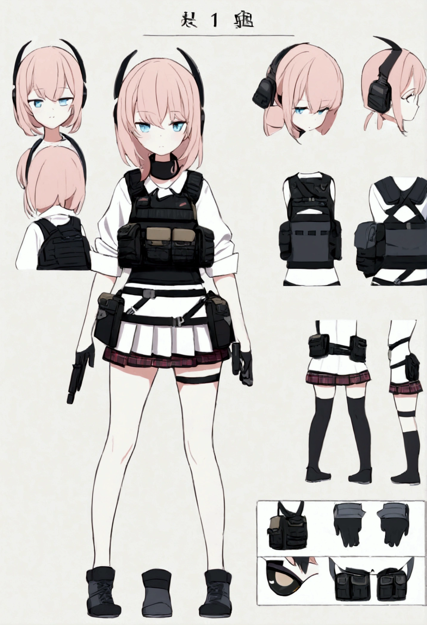 A standing girl, cute, 1girl, , four-view blueprint, diagonal, front, back, side, 5-head proportions, character sheet, full body, simple background, four perspectives, tactical equipment, bulletproof vest