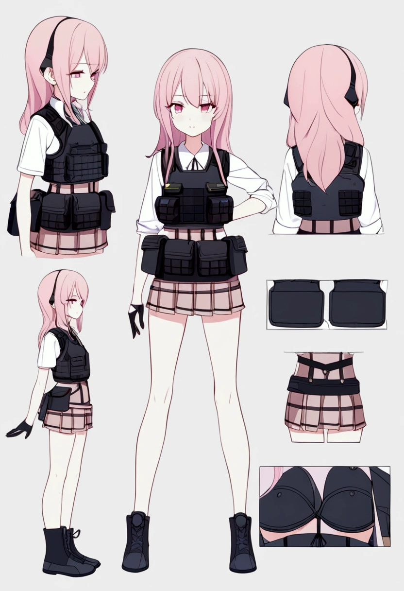 A standing girl, cute, 1girl, , four-view blueprint, diagonal, front, back, side, 5-head proportions, character sheet, full body, simple background, four perspectives, tactical equipment, bulletproof vest