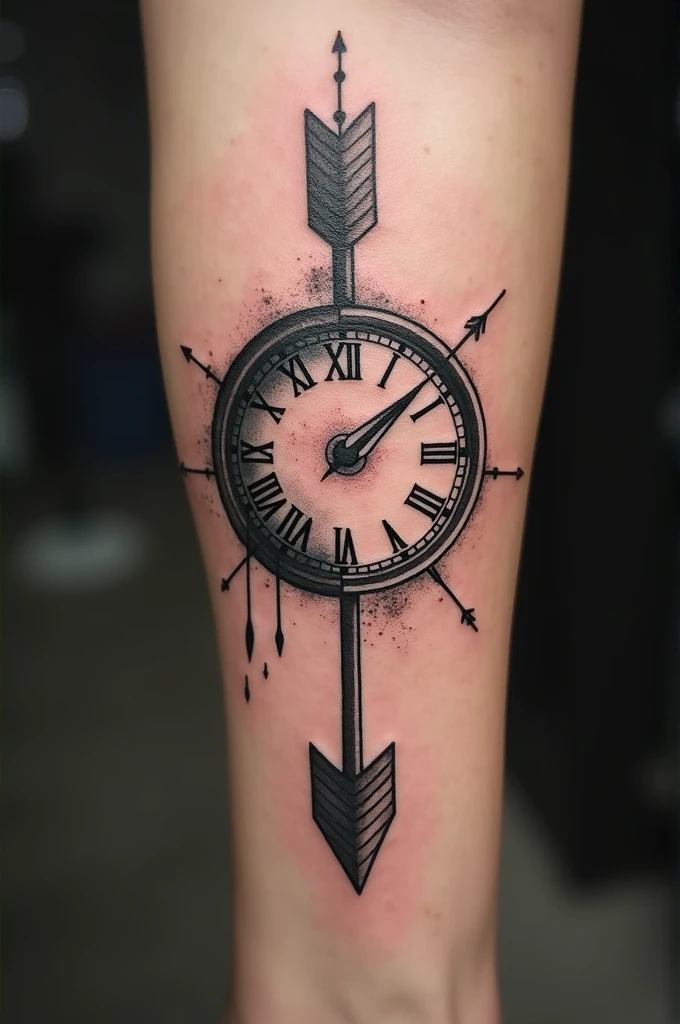 Arrow tattoo with half a clock and half a realistic compass