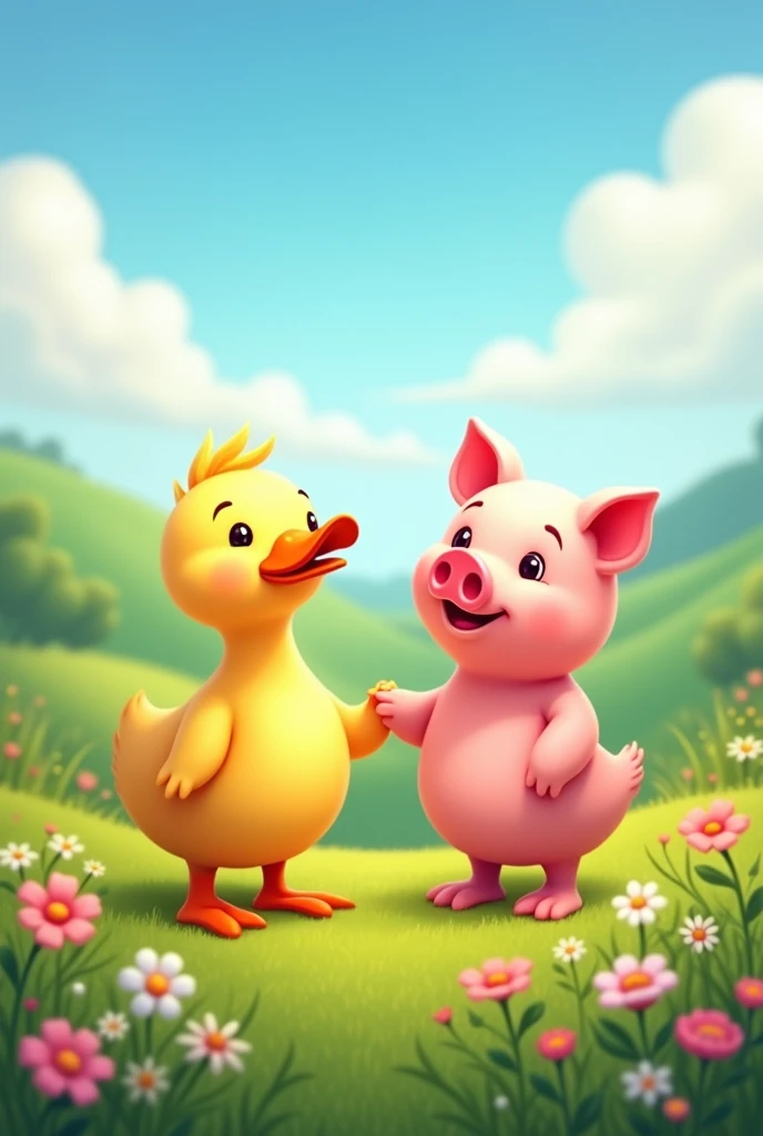 Duck and pig holding hands