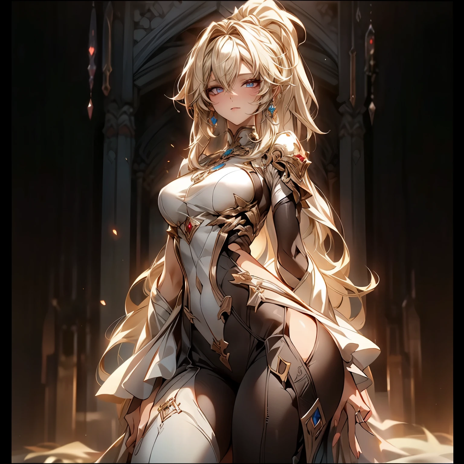 (best quality)), ((Masterpiece)), (details:1.4), 3d, HDR (high dynamic range), an image of a beautiful cyberpunk female, fantasy, Hips up, Blonde hair, High ponytail, Red eyes, จมูกโด่ง, ปากแดง, หน้าอกใหญ่, nvidia RTX, PBR surface, After processing, Anisotropic filtration,depth of field, Maximum clarity and clarity, multi-layered surface, Subsurface scattering, perfect proportions, 8K raw files, ultra detailed, Perfect proportions, volumetric lighting, soft lighting, Holy Paladin, Heavy black Armor, glossy skin, chapel background, jewely, ต่างหู, นิ้วมือสมบูรณ์,