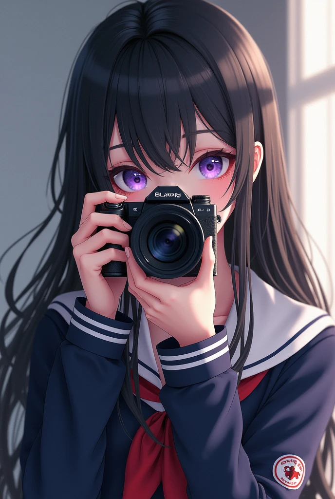 Create a 3D image of a young woman with a soft, anime-inspired appearance. She has long, flowing black hair that cascades down her back in gentle waves. Her eyes are large and striking, with a bright purple hue that stands out against her fair complexion. She is holding a professional camera close to her face, as if she's about to take a picture, with a calm and focused expression. The woman is dressed in a dark, school uniform-style outfit with white and red accents, featuring a sailor collar and emblem on the sleeve. The background is softly lit, highlighting the glossy texture of her hair and the fine details of her outfit.