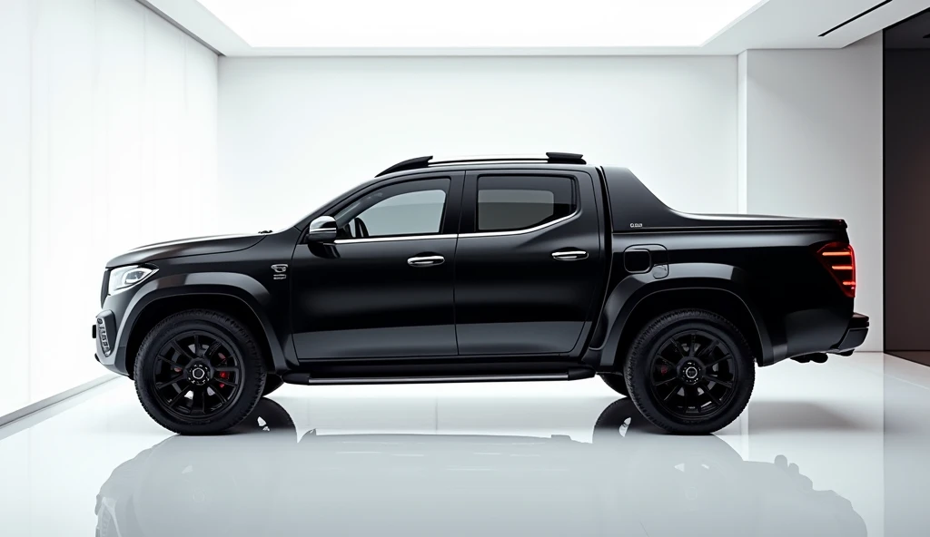 A stunning, futuristic pickup truck(Benz x class pickup truck 2025 ) takes center stage in a luxury white showroom. The vibrant (black) exterior gleams, drawing attention to its sleek, aerodynamic design and bold accents. The pick up truck( Mercedes Benz S-Class pickup truck 2025) " is prominently displayed in large, metallic letters on the pick up truck, set against a dark wall. The (  side) view showcases the cutting-edge innovation and technology of its time, inviting potential buyers to experience the future of automotive design and performance. This awe-inspiring image promises an unparalleled driving experience.