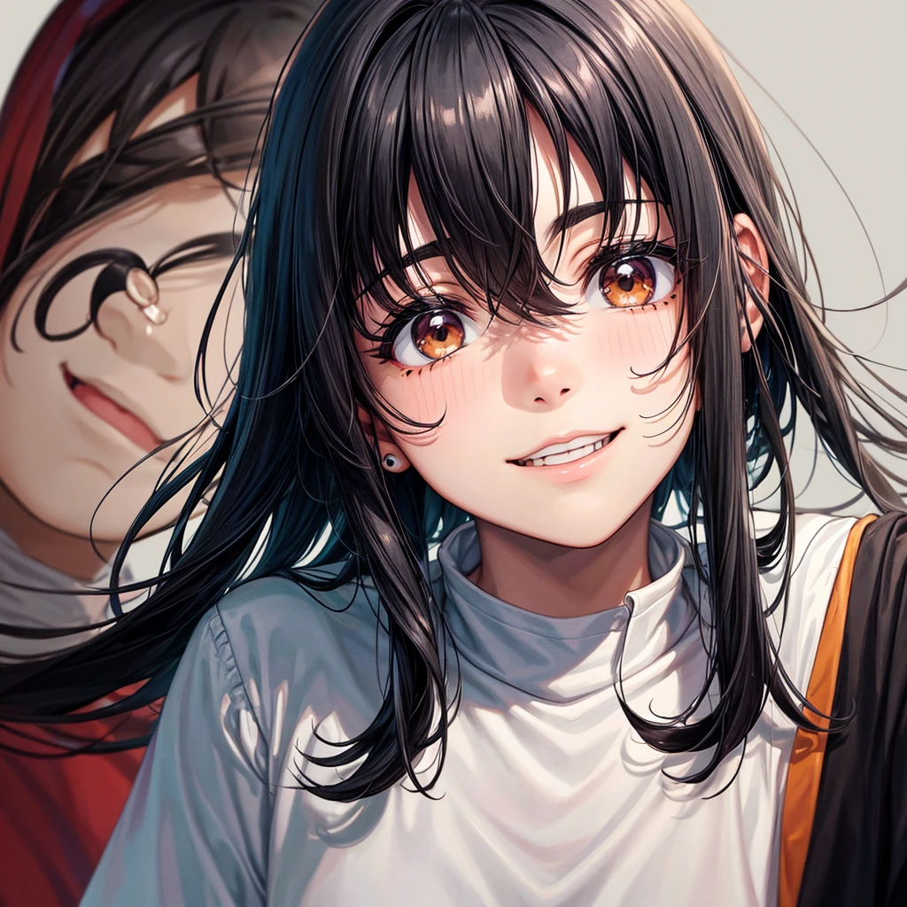 Medium Hair, Black Hair, smiling, Droopy eyes, Anxious, Simple Background, Mole at the corner of the mouth, Background blur, Ghibli-style colors,