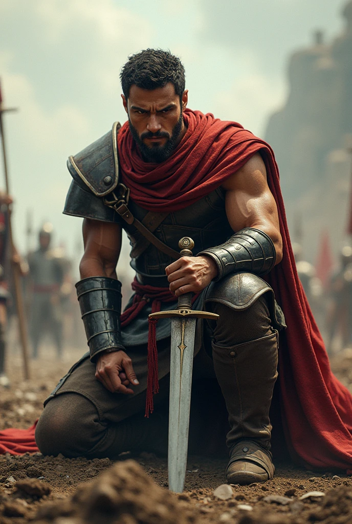 A brave male warrior, well built body, round face, he has no beard or moustache, and he is kneeling on the ground of the battlefield with his long sword stuck in the ground.