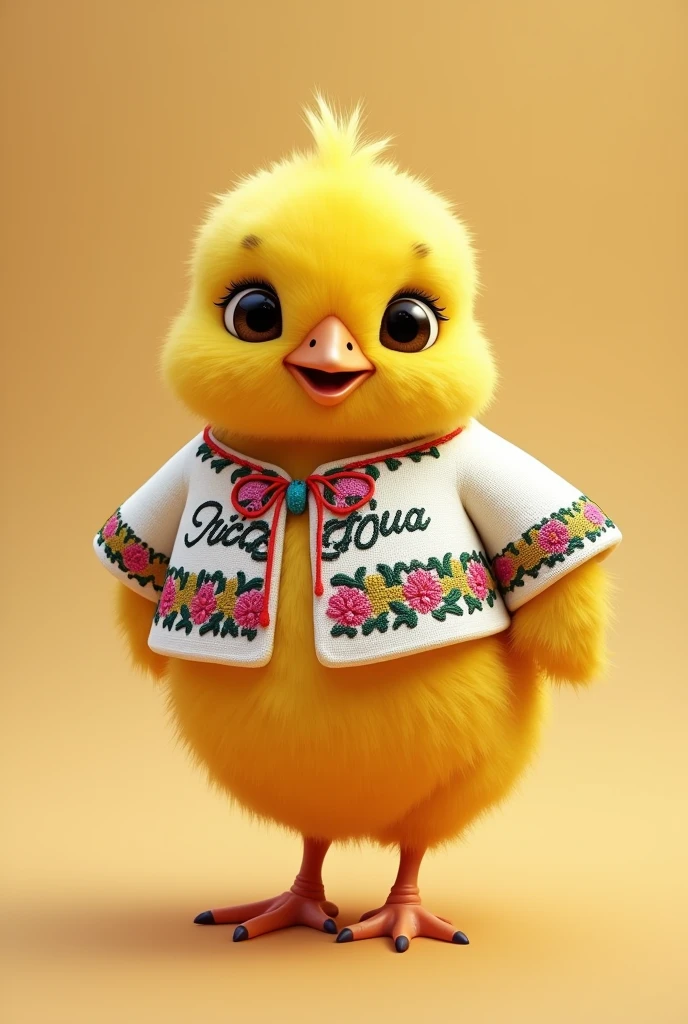 Yellow chick with a white folkloric shirt with embroidery that says the word Nicaragua on the shirt