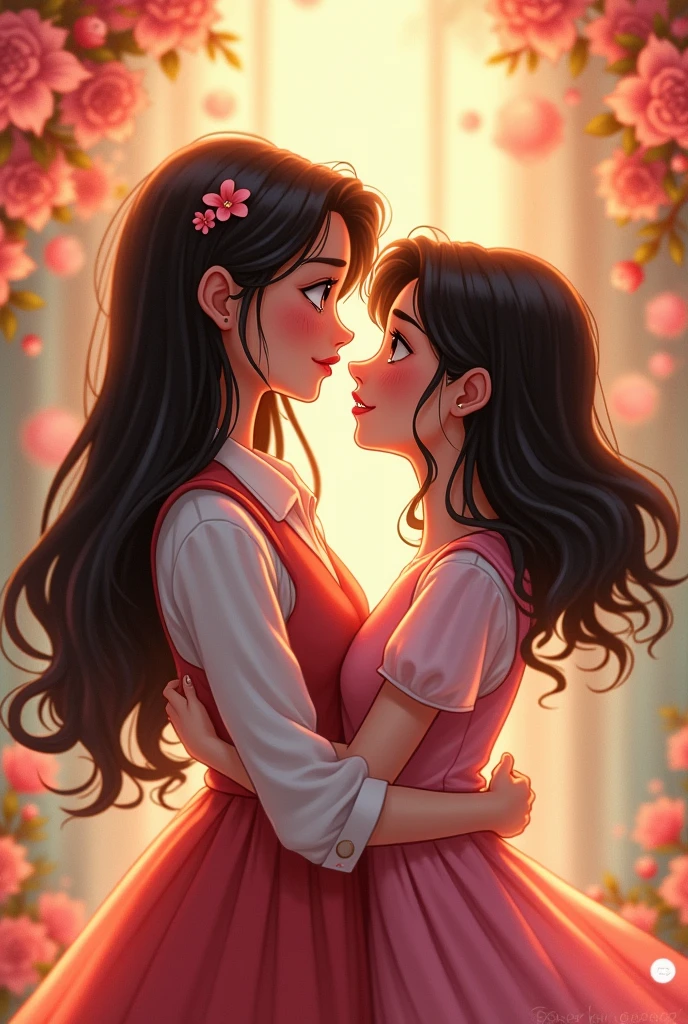 Please I want you to make a picture of two girls, Both have black hair, one with long hair and the other with short hair. They have brown eyes. The one with short hair has a lip piercing. The one with long hair has a little slanted eyes and the one with short hair has a little big eyes., Both are white but the one with long hair is whiter., They are girlfriends and I want them to look in love, I like it but pay attention to the physical details that I tell you and I want your style to be more lively like the Disney characters. You are not following the physical