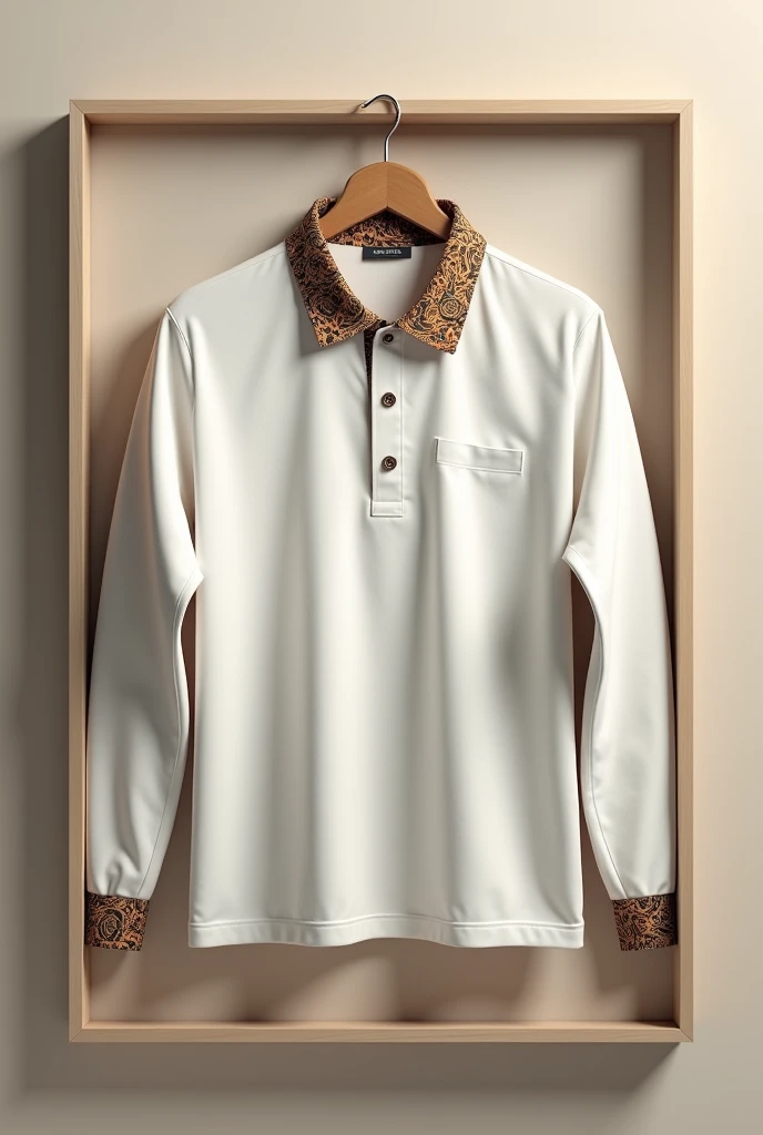Create an image of a plain long-sleeve polo shirt with a batik pattern on the collar, set against a framed background. Focus solely on the shirt without any person wearing it.