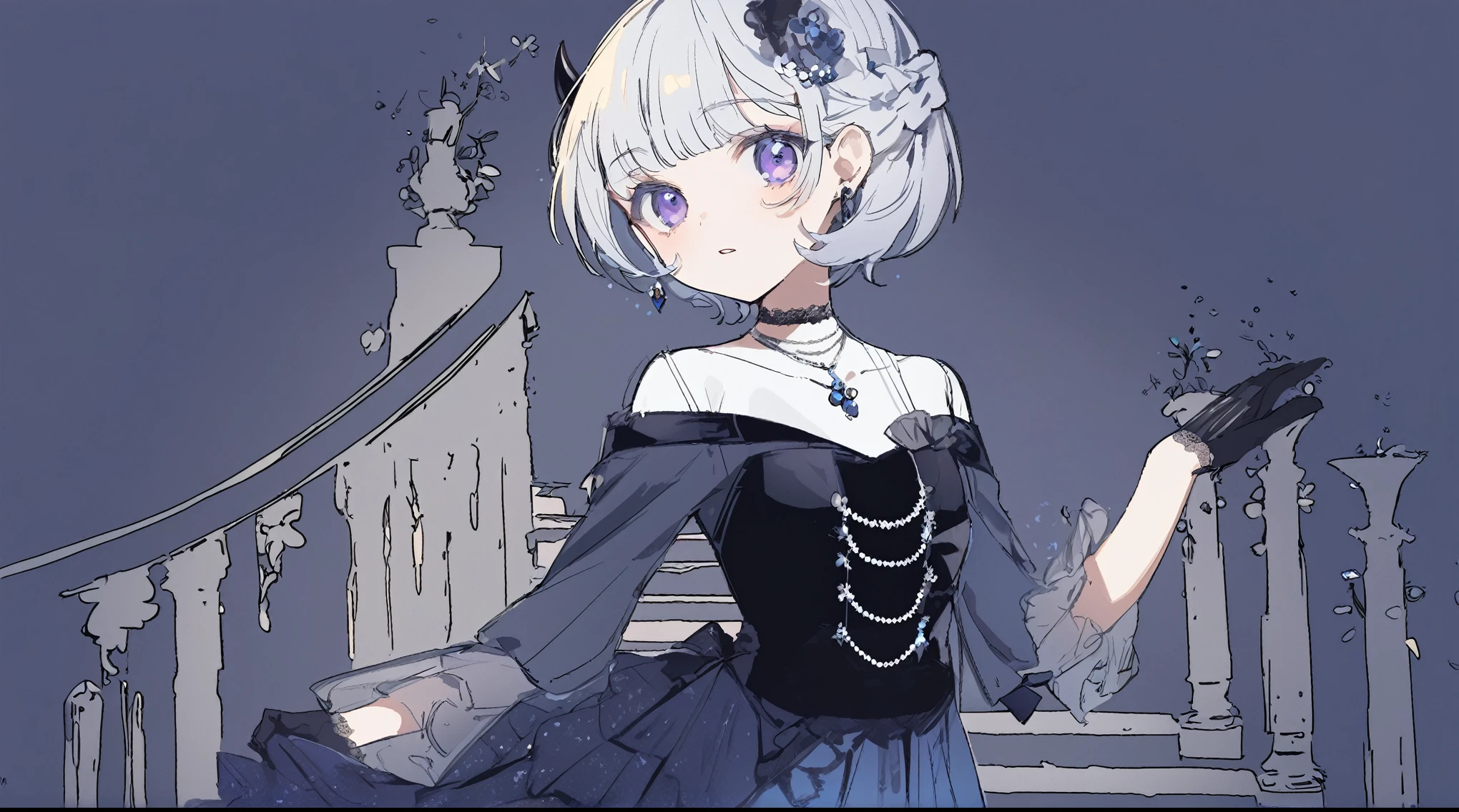 (best quality), (high aesthetic), 1 girl, late teenage, anime, running, long staircase, night, evening gown, Cinderella, A cute anime girl with white hair in an updo. She has purple eyes and is wearing black gloves on her hands. She wears a gothic dress that is dark blue at the bottom with ruffles. There are small silver accents around it, A cute girl with short hair and a black horns in her head