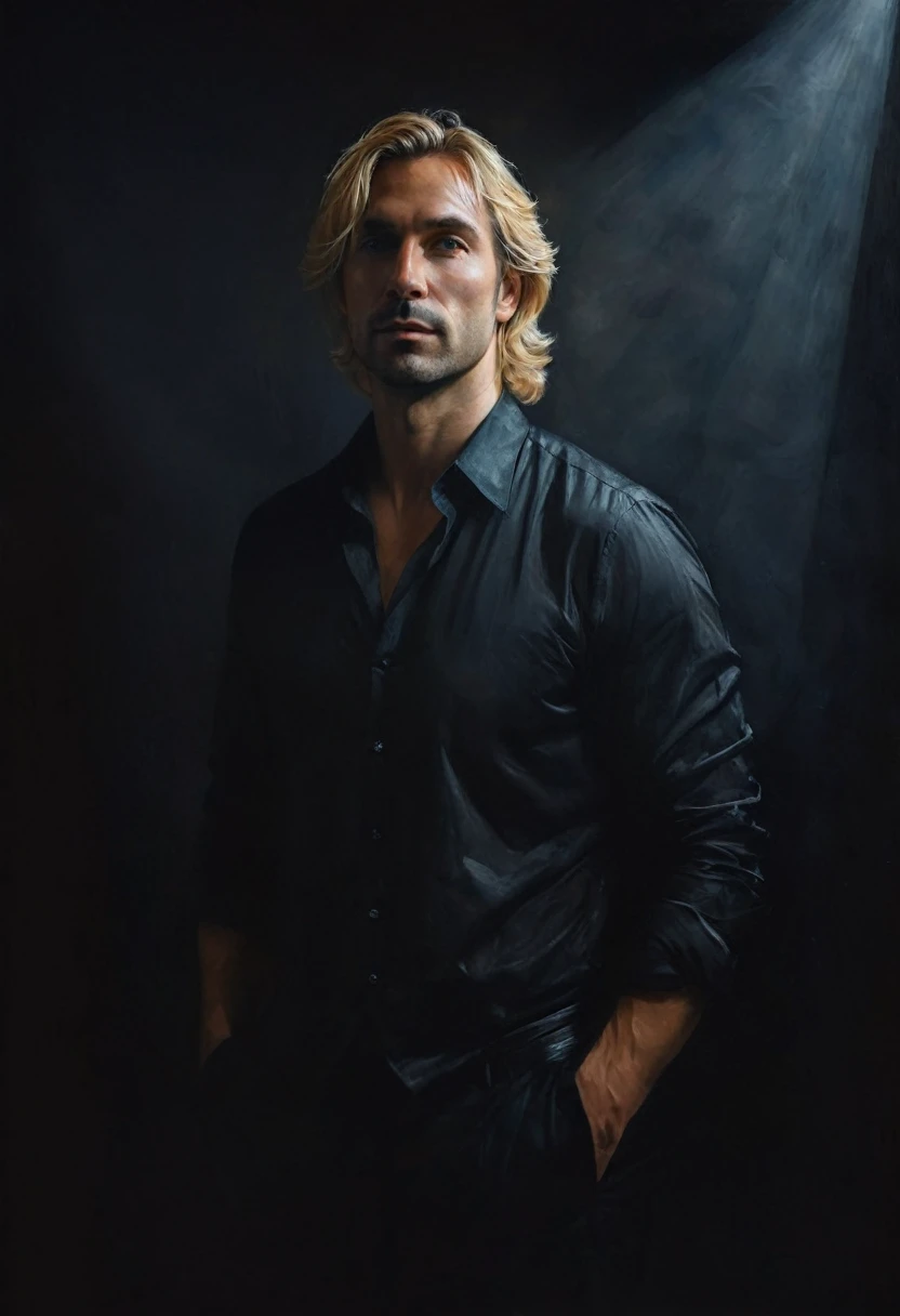 painting of a handsome man, blond, 40 years old, portrait from the waist up, dressed, dark atmosphere, cinematic scene, volumetric lights, ultra realistic, in the style of nicola samori