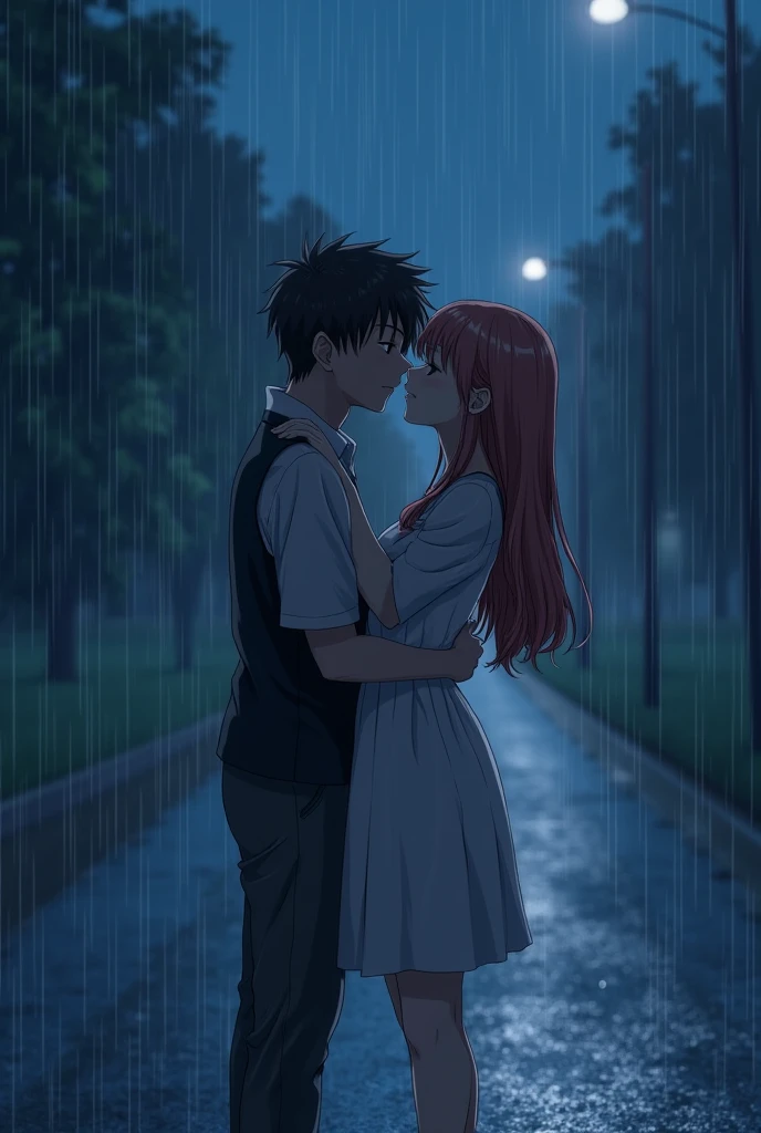 A boy and a girl are kissing each other on the road at night and it is raining in the background. Anime images 
