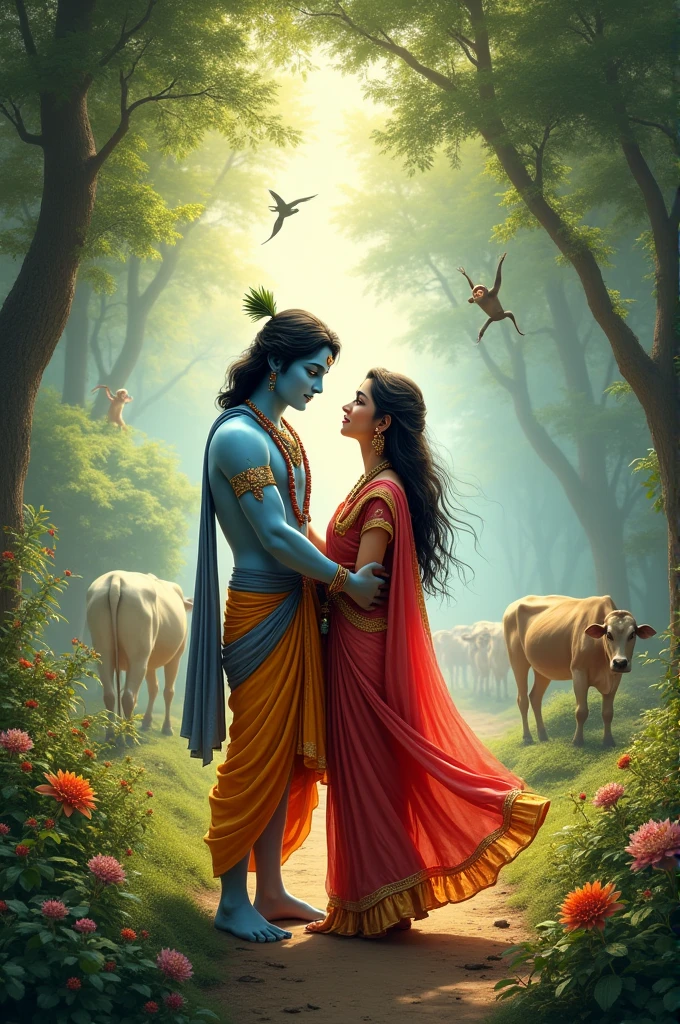 Krishna and radha and the cows near tham krishna and radha standina the ground and there are so many tree and so many Birth and monkey Monkey was in the tree, and the bird was flying