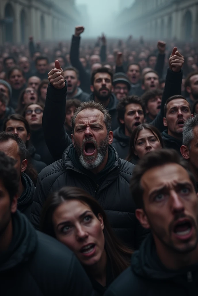 Masses gathering, expressing widespread dissatisfaction, gloomy atmosphere, highly detailed emotions, UHD.