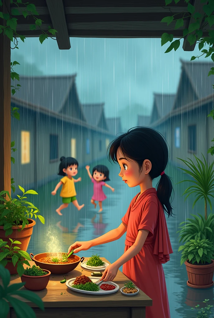 
Illustrate .Scene 2: Meena Cooking MaggiSetting: A cozy covered spot in the village where Meena a  girl On the day of the dance, Meena picked fresh mint, coriander, and green chilies from her family’s garden. As she prepared, dark clouds filled the sky, and the rain started to fall. The children, wearing their bright clothes, ran outside and started dancing in the rain. They jumped in puddles, spun around, and laughed with joy.
. The top view  from distance of the whole village 
 Anime  cartoon digital illustration