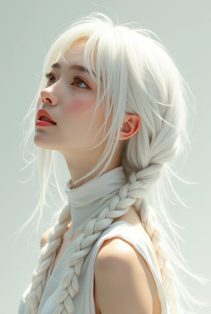 best quality, masterpiece,white hair, gold eyes,white clothes, looking up, upper body,hair strand,Fair skin,side braids