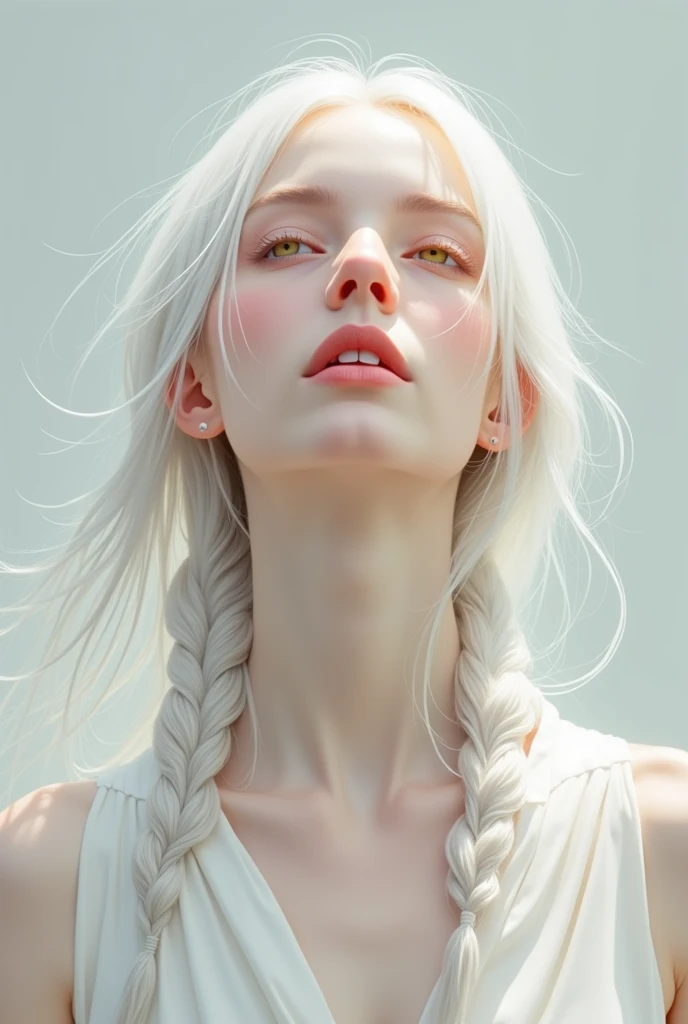 best quality, masterpiece,white hair, gold eyes,white clothes, looking up, upper body,hair strand,Fair skin,side braids